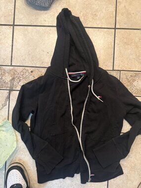 Tommy Hilfiger Black Full-Zip Hoodie Small Flag Logo White Drawstrings Size S/P